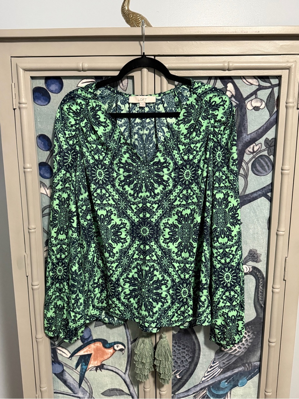 LOFT Mint Green and Navy Medallion Print Long-Sleeve Blouse